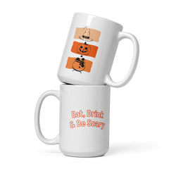 Eat, Drink & Be Scary - Halloween Ceramic Mug with Jack-O-Lantern, Witch’s Hat & Cauldron (11oz, 15oz, 20oz)