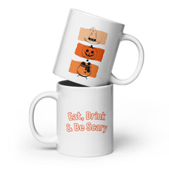 Eat, Drink & Be Scary - Halloween Ceramic Mug with Jack-O-Lantern, Witch’s Hat & Cauldron (11oz, 15oz, 20oz)