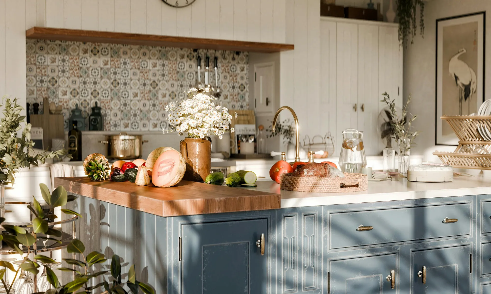 MoxieMart Blue Kitchen inviting kitchen table scene with warm lighting, symbolic of connection and midlife comfort