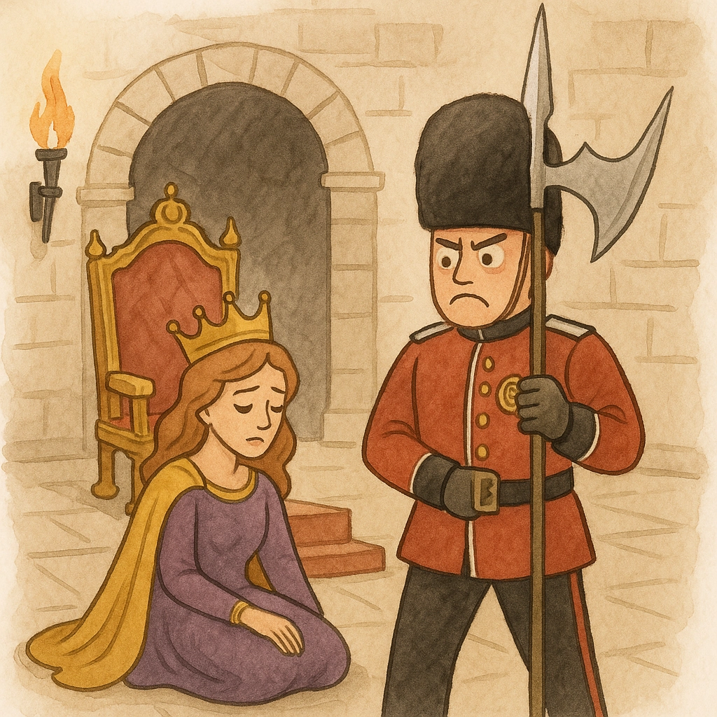 Illustration of a weary queen in a purple gown and golden crown sitting beside her throne, symbolizing estrogen, while an overzealous palace guard in a red uniform and black hat stands tensely with a halberd, representing cortisol’s overactivation and disruption of hormonal balance.