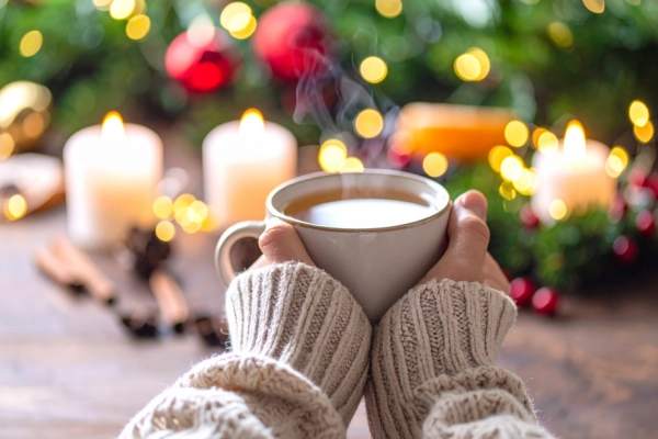 Take time to breathe. Woman holding hot cocoa enjoying holidays.