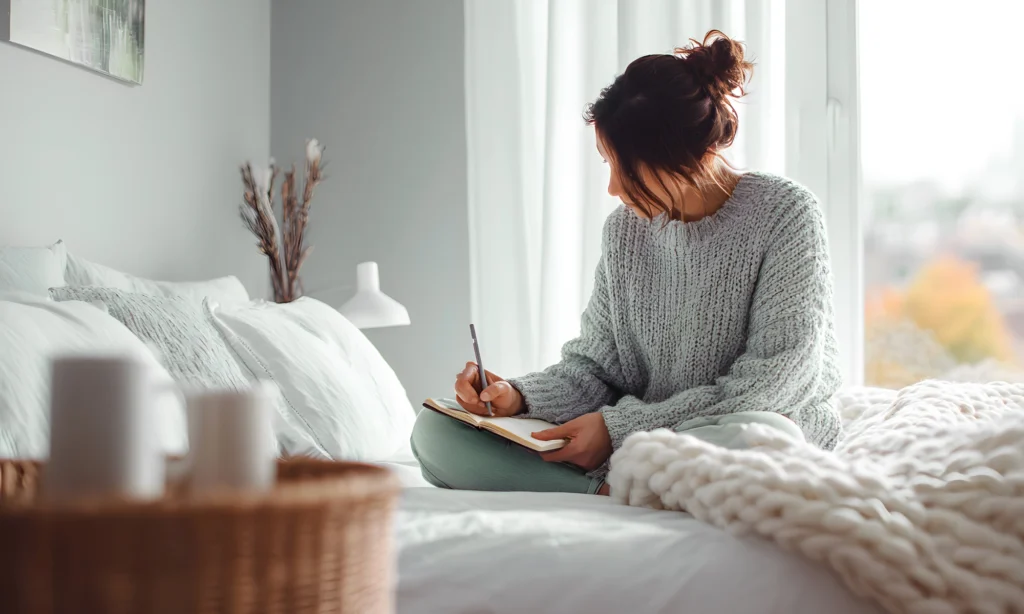 Midlife woman sitting quietly with journal, symbolizing reflection and emotional release