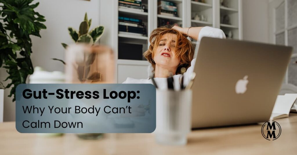 gut stress loop shown with woman stressing in front of laptop