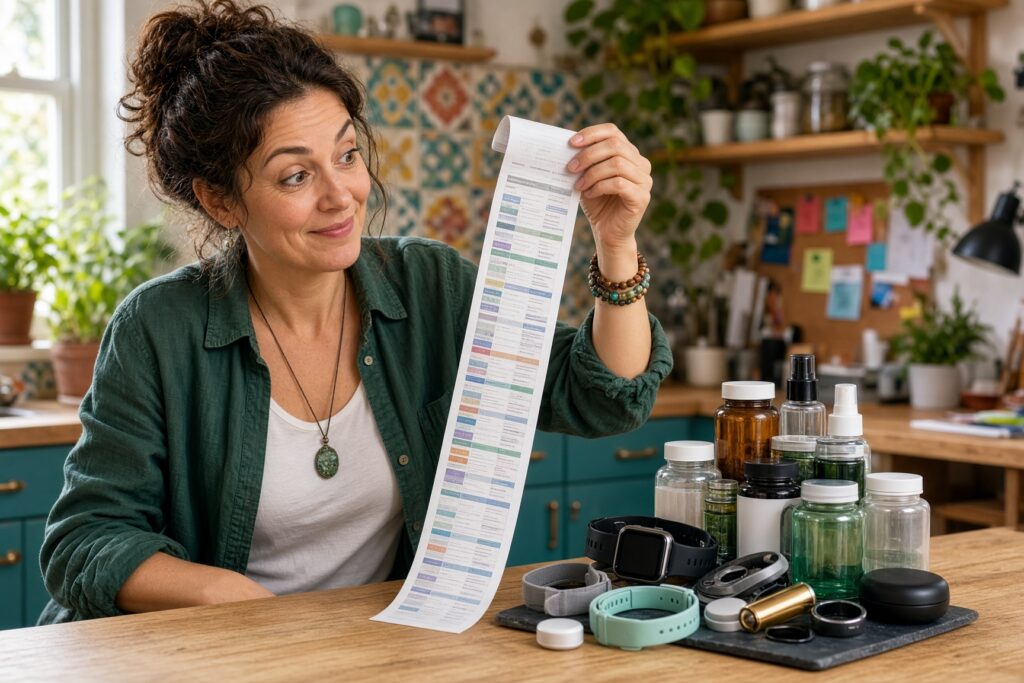 Adult weighing longevity gadgets and a biological-age report with amused skepticism.