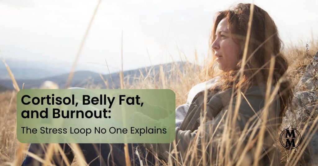 Midlife woman sitting in natural light reflecting on stress and hormonal changes affecting belly fat