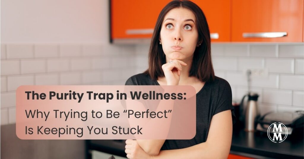 Woman in kitchen feeling overwhelmed by conflicting healthy eating rules and food choices