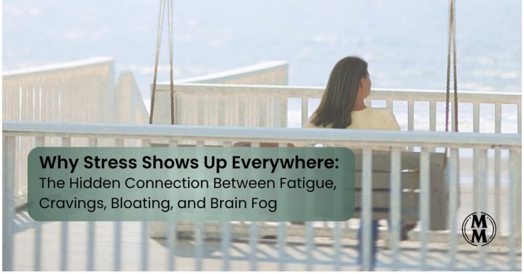 Woman sitting on a porch swing reflecting on stress, fatigue, bloating, and body signals in midlife