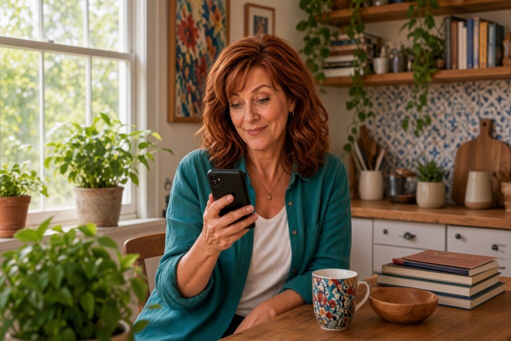 Midlife woman considering a fitness transformation story on her phone.