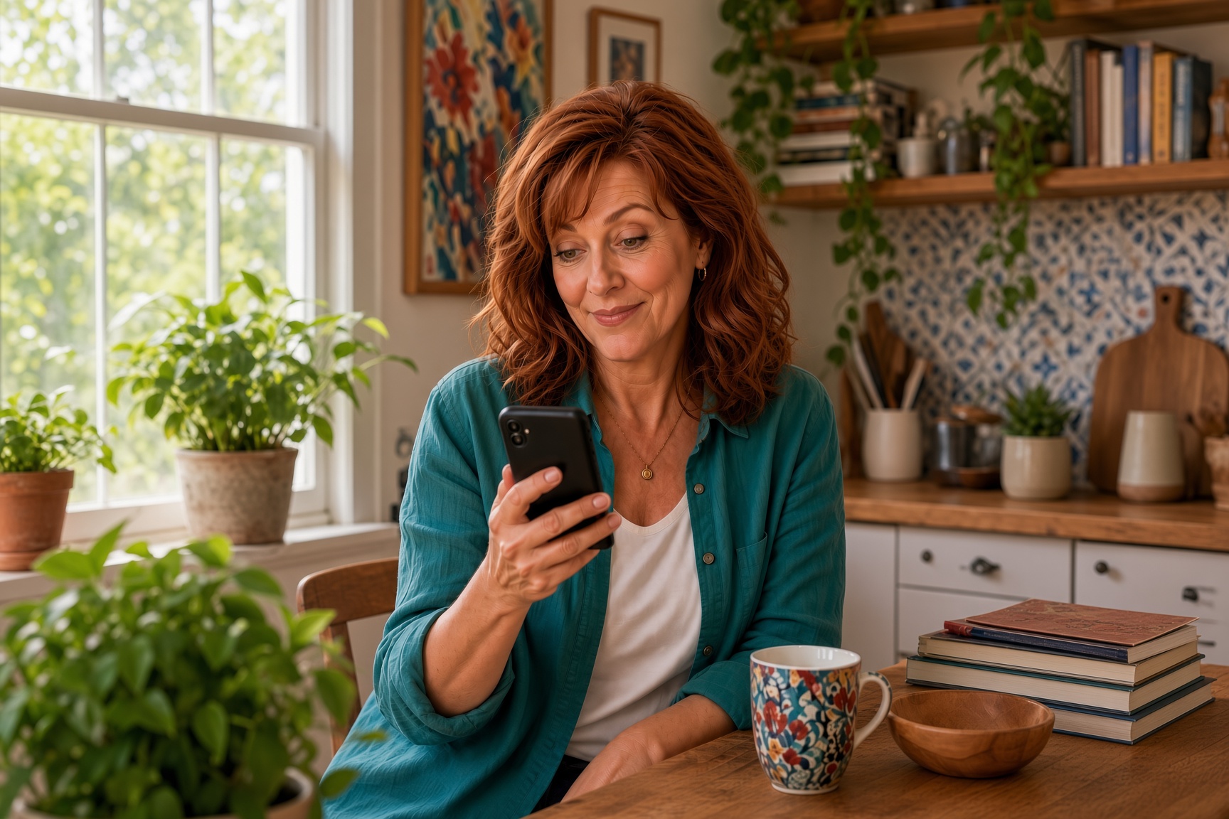 Midlife woman considering a fitness transformation story on her phone.