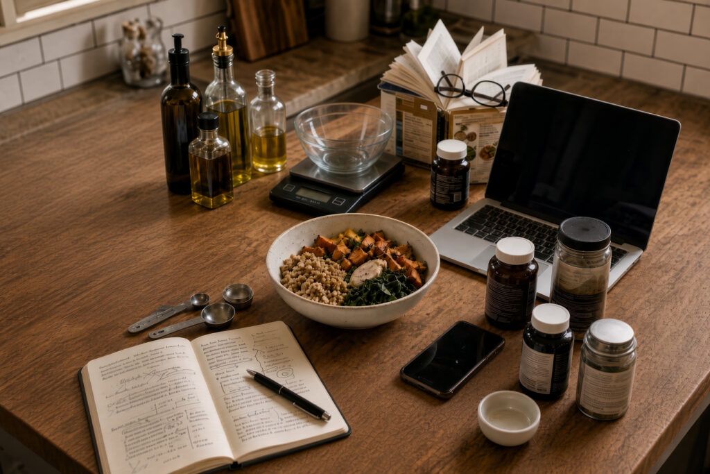 Simple healthy meal surrounded by supplements, cooking oils, a kitchen scale, laptop, phone and research notebook.