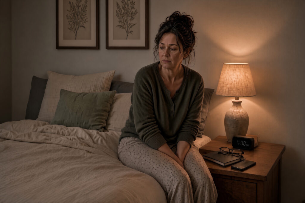 Midlife woman sitting awake on the edge of her bed at 11 PM, looking exhausted but unable to relax or sleep.