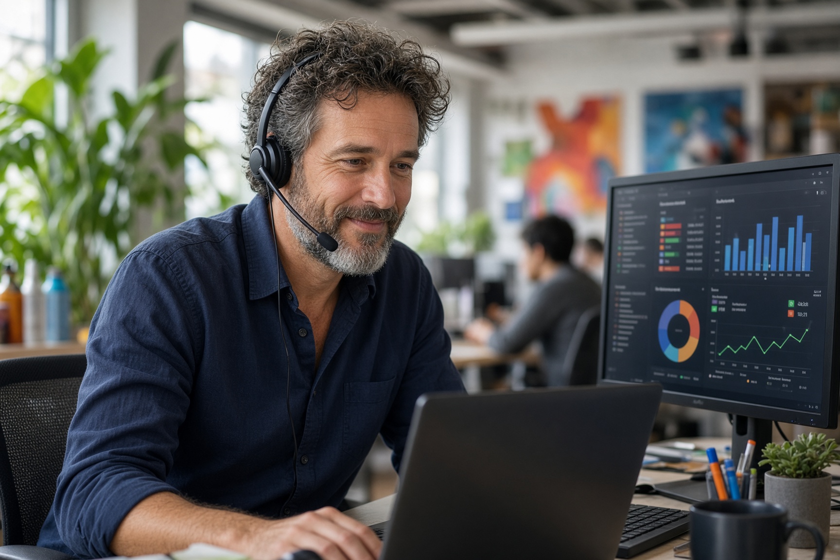 Customer service representative listening carefully to a caller while call-performance metrics remain visible on a nearby computer screen.