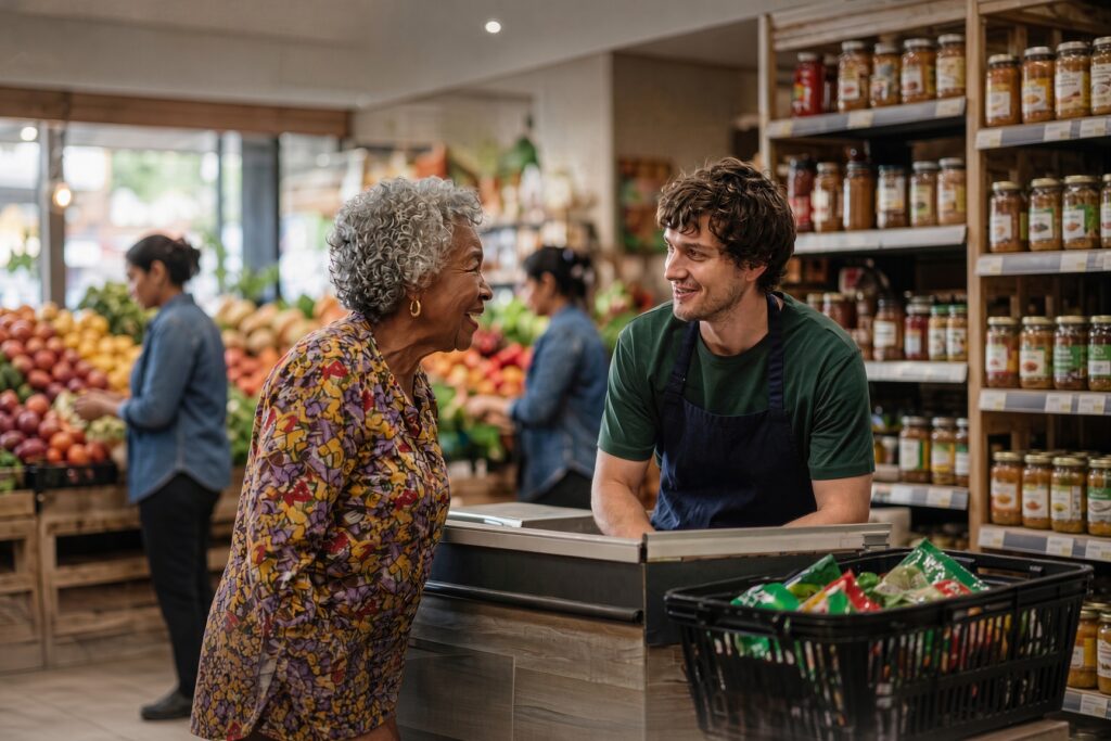 Two strangers sharing a warm, spontaneous laugh during an ordinary store checkout.