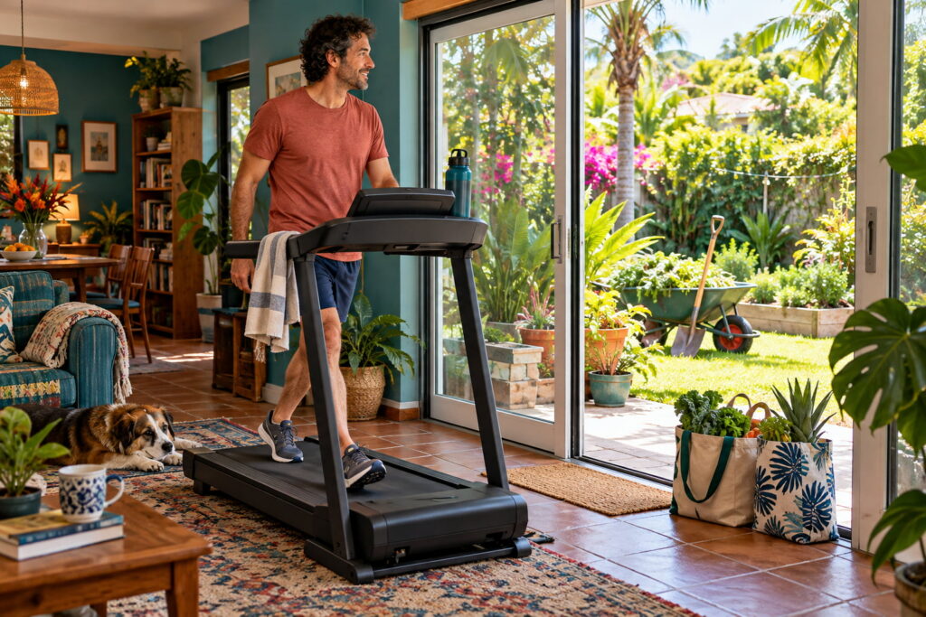 Man walking on a treadmill beside open garden doors, with grocery bags nearby and a wheelbarrow and shovel outside.