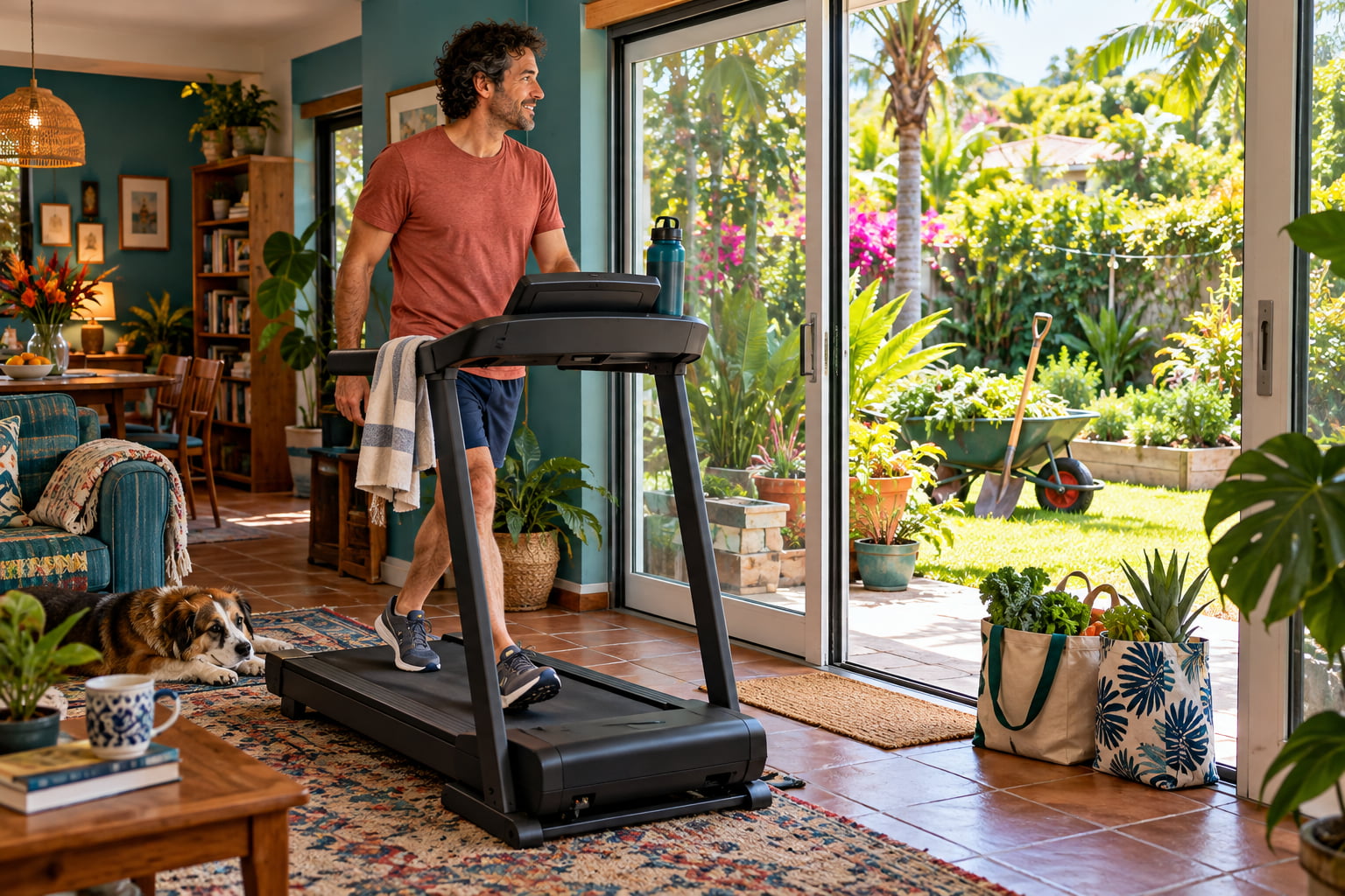 Man walking on a treadmill beside open garden doors, with grocery bags nearby and a wheelbarrow and shovel outside.