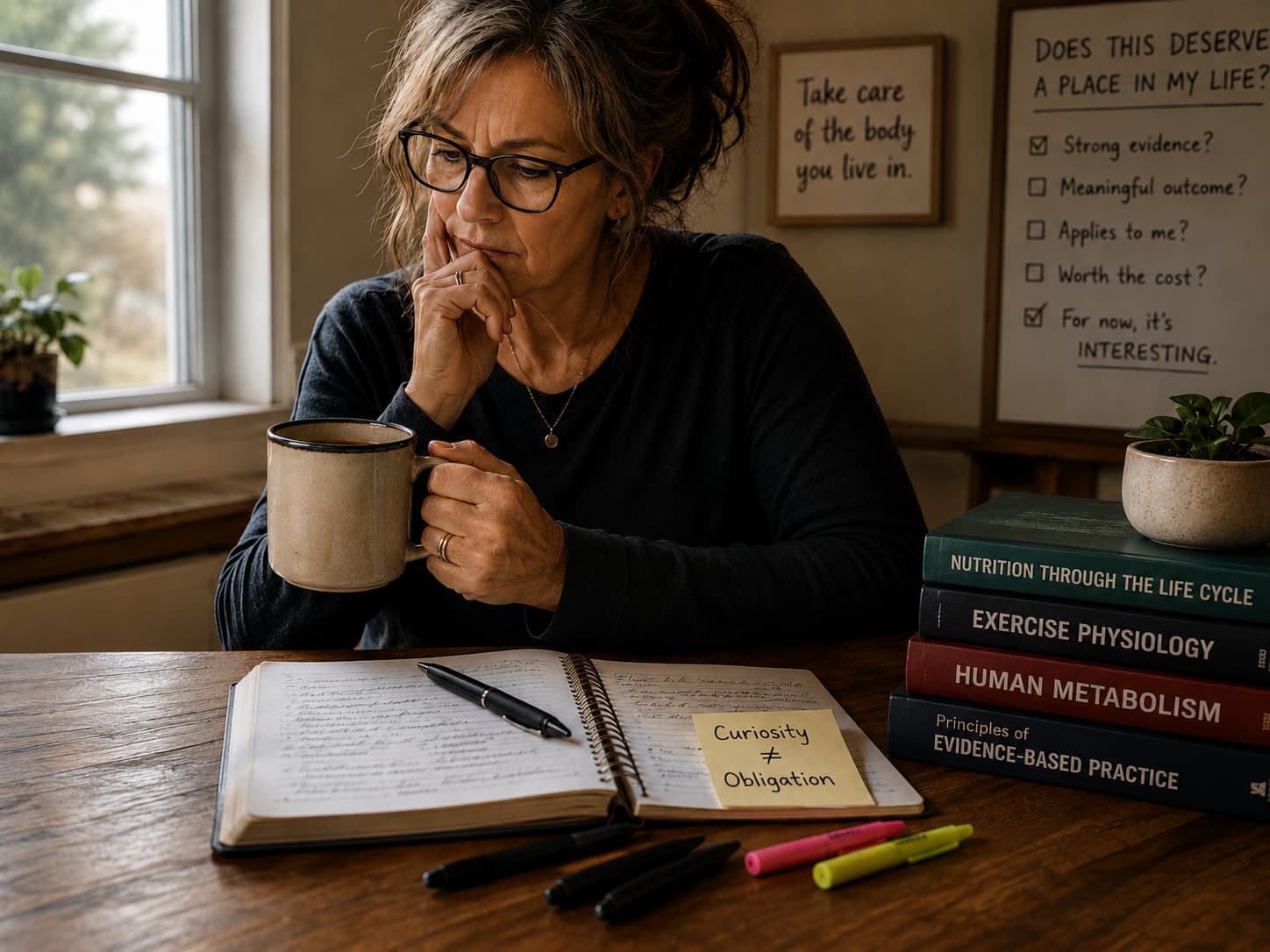 Editorial illustration of a woman reading health research over coffee while weighing whether another wellness recommendation deserves a place in her life.